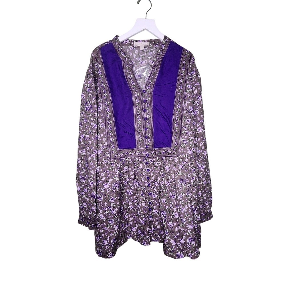 Woman Within Floral Purple Blouse Boho Cottage Long Sleeve Split Neck 1X 22/24